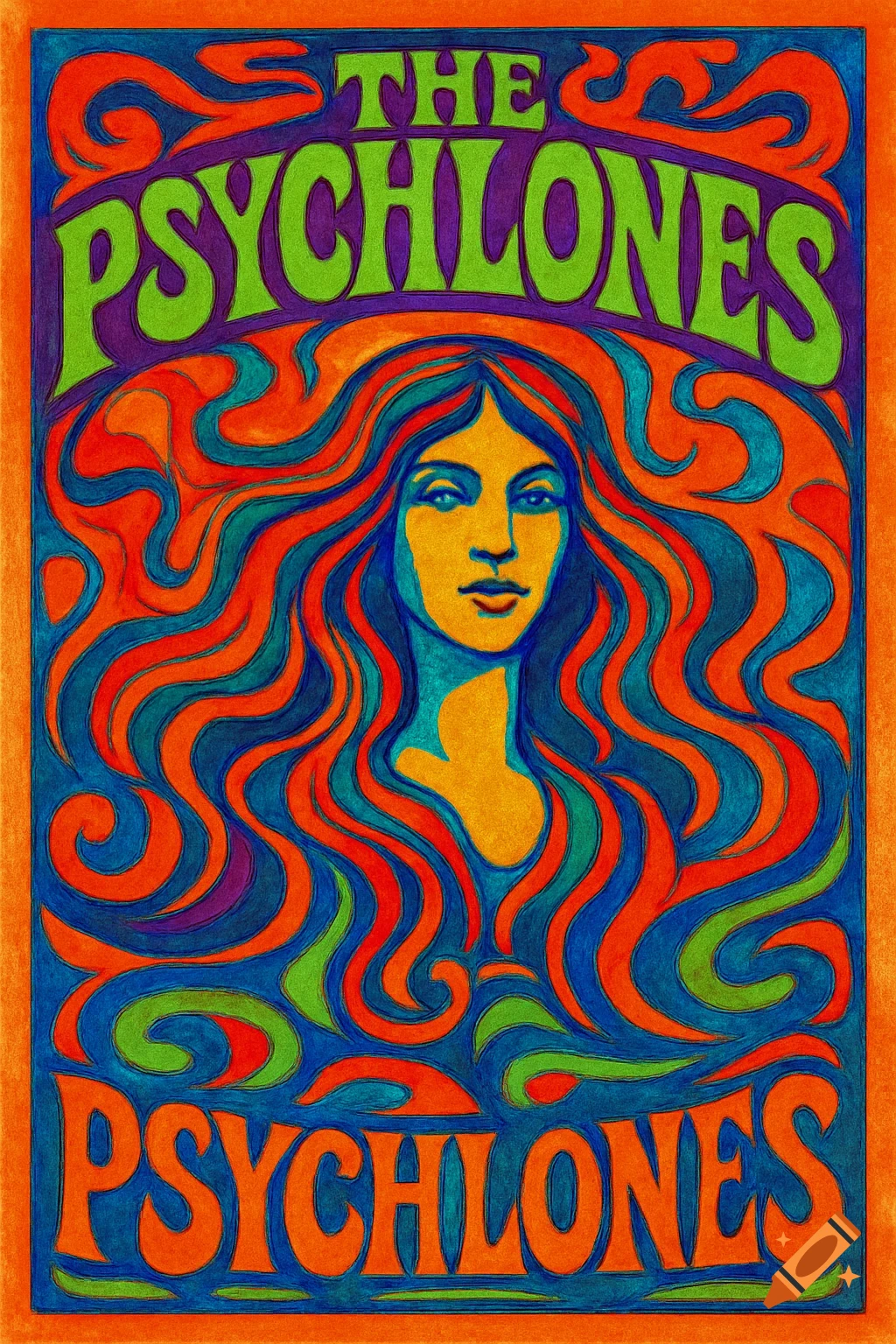 A psychedelic band poster with vibrant colors and flowing text and a woman's face.