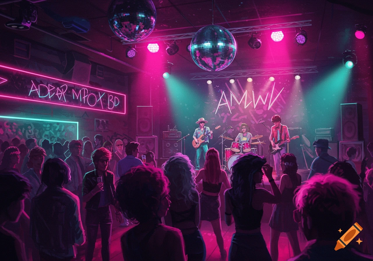 A band plays on stage in a crowded 1980s indie club with neon signs and disco balls.