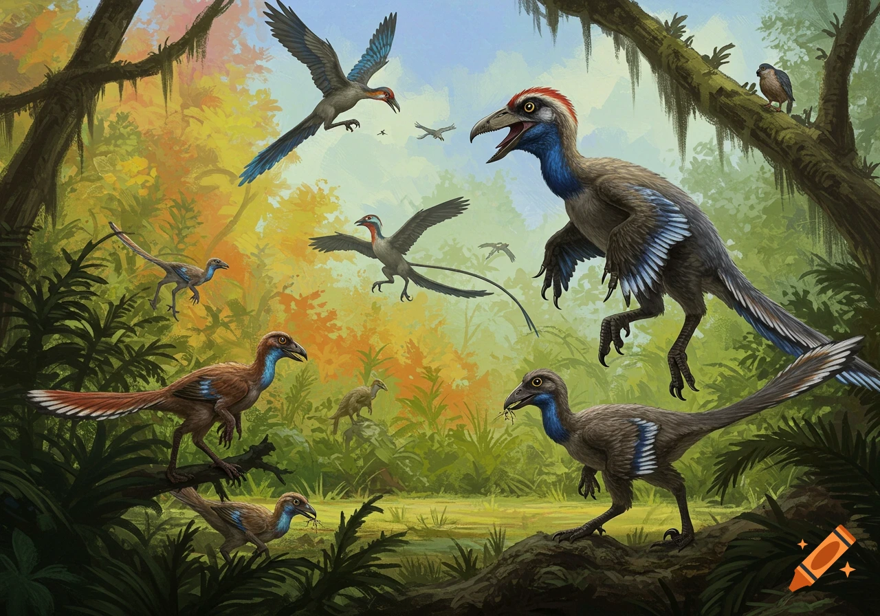 Feathered dinosaur-like creatures in a lush prehistoric forest. Some are flying, others stand on the ground or logs.