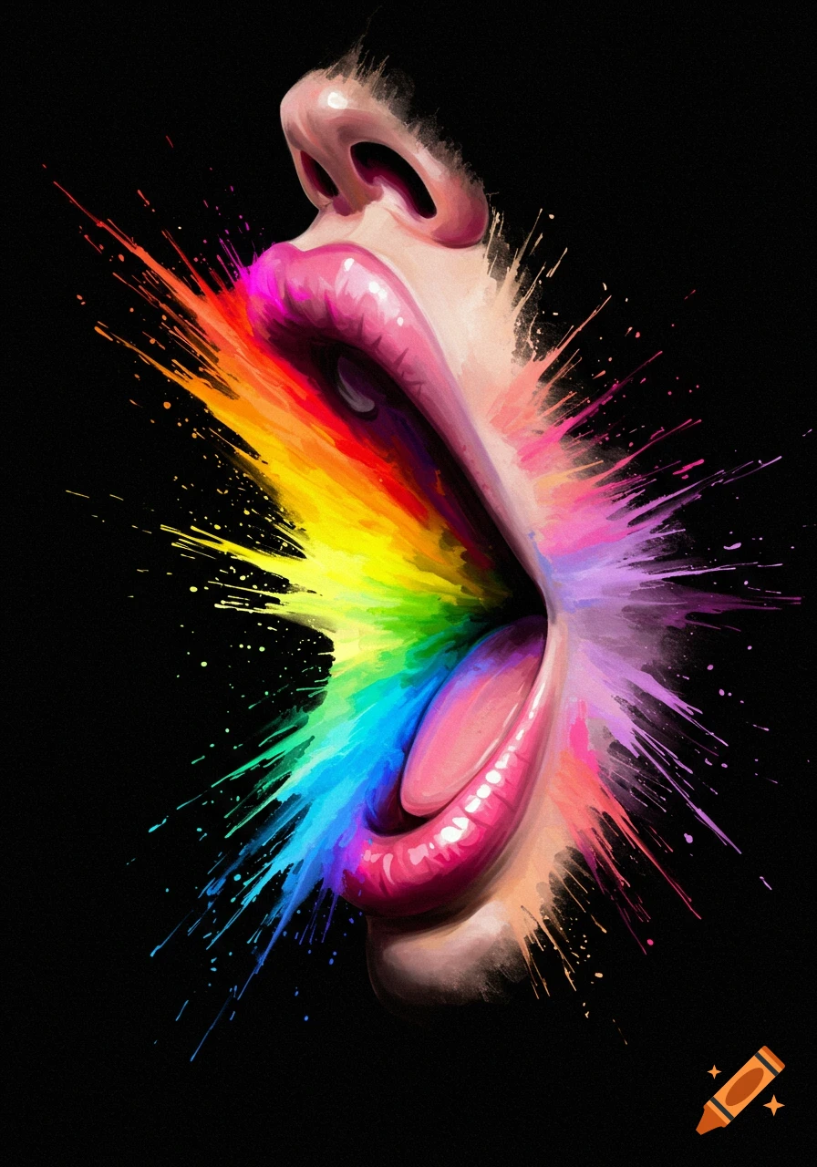 Close-up of pink lips and nose with rainbow colored paint explosion on black background, digital painting.