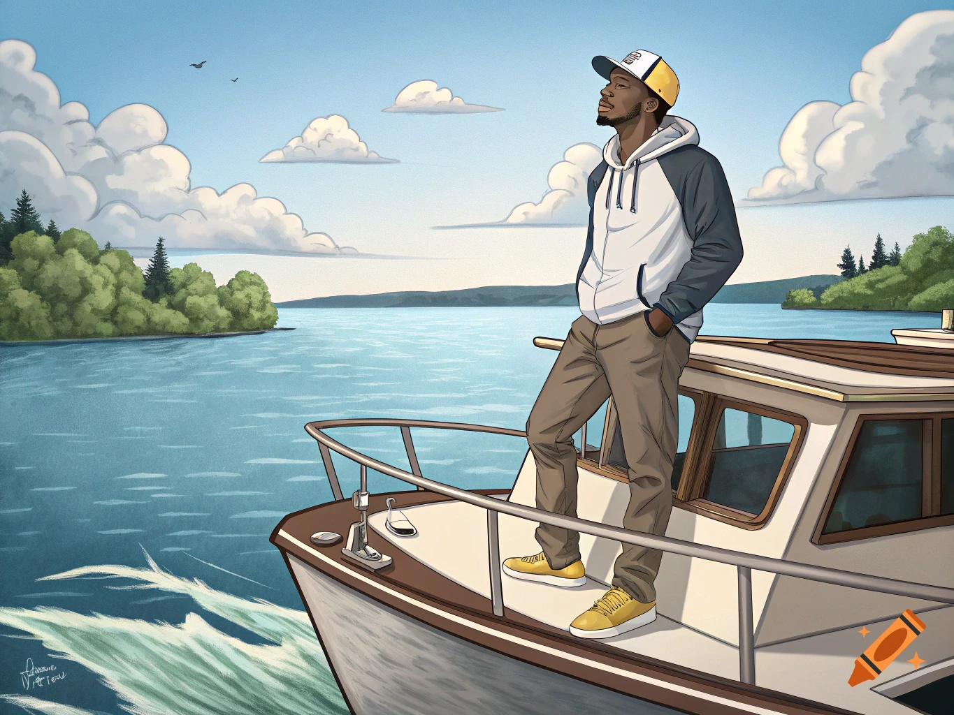 Illustration of a man standing on the bow of a boat on a lake, looking out at the water.