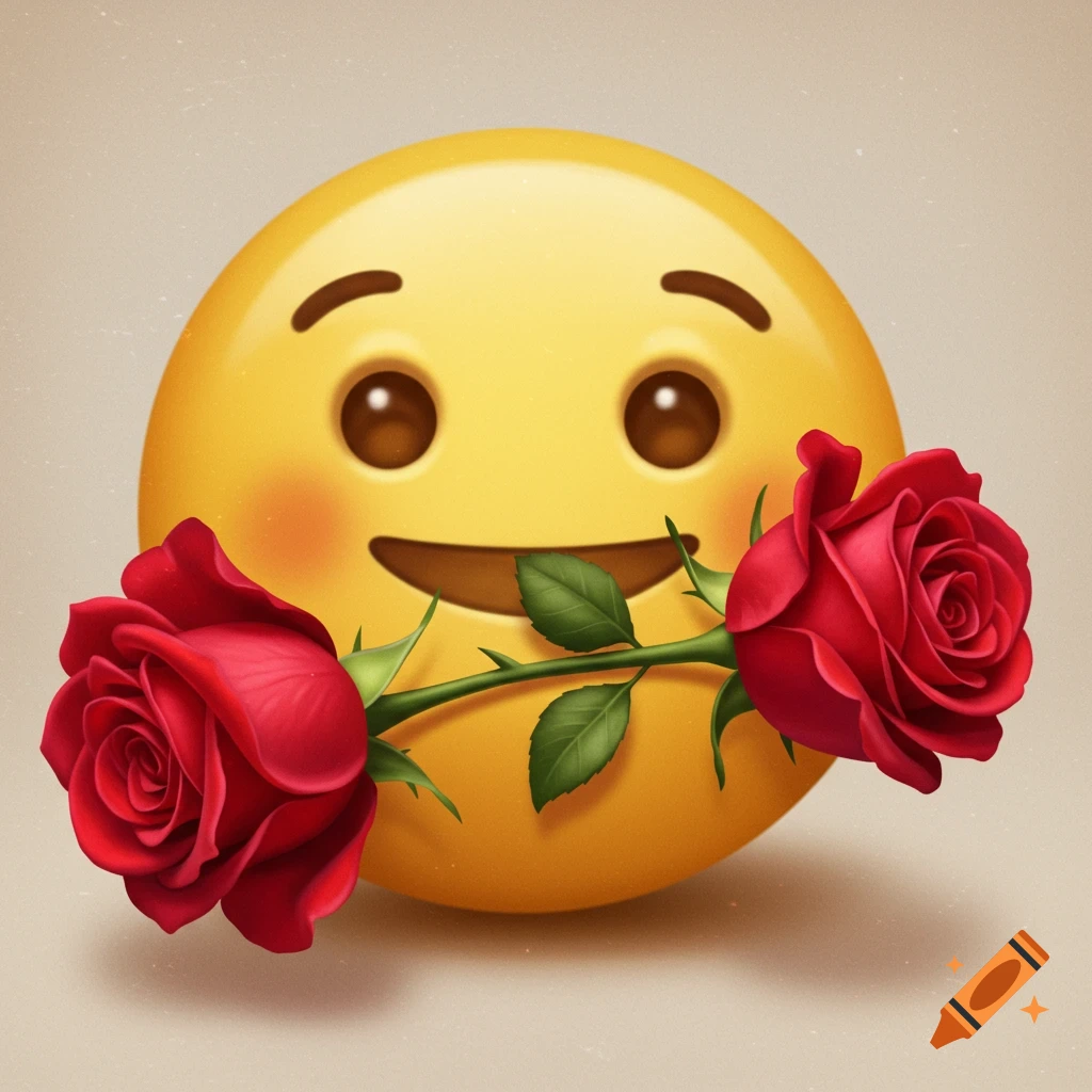 A yellow emoji holding red roses in its mouth, rendered in a 3D style.