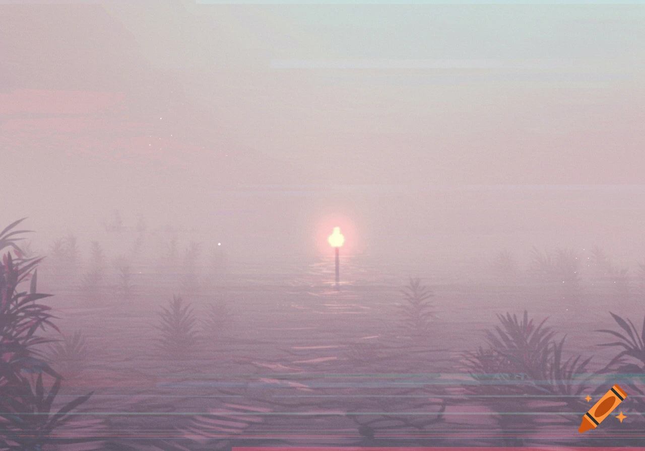 Hazy, dreamlike landscape with a central glowing light amidst misty vegetation, in a vaporwave/VHS style.