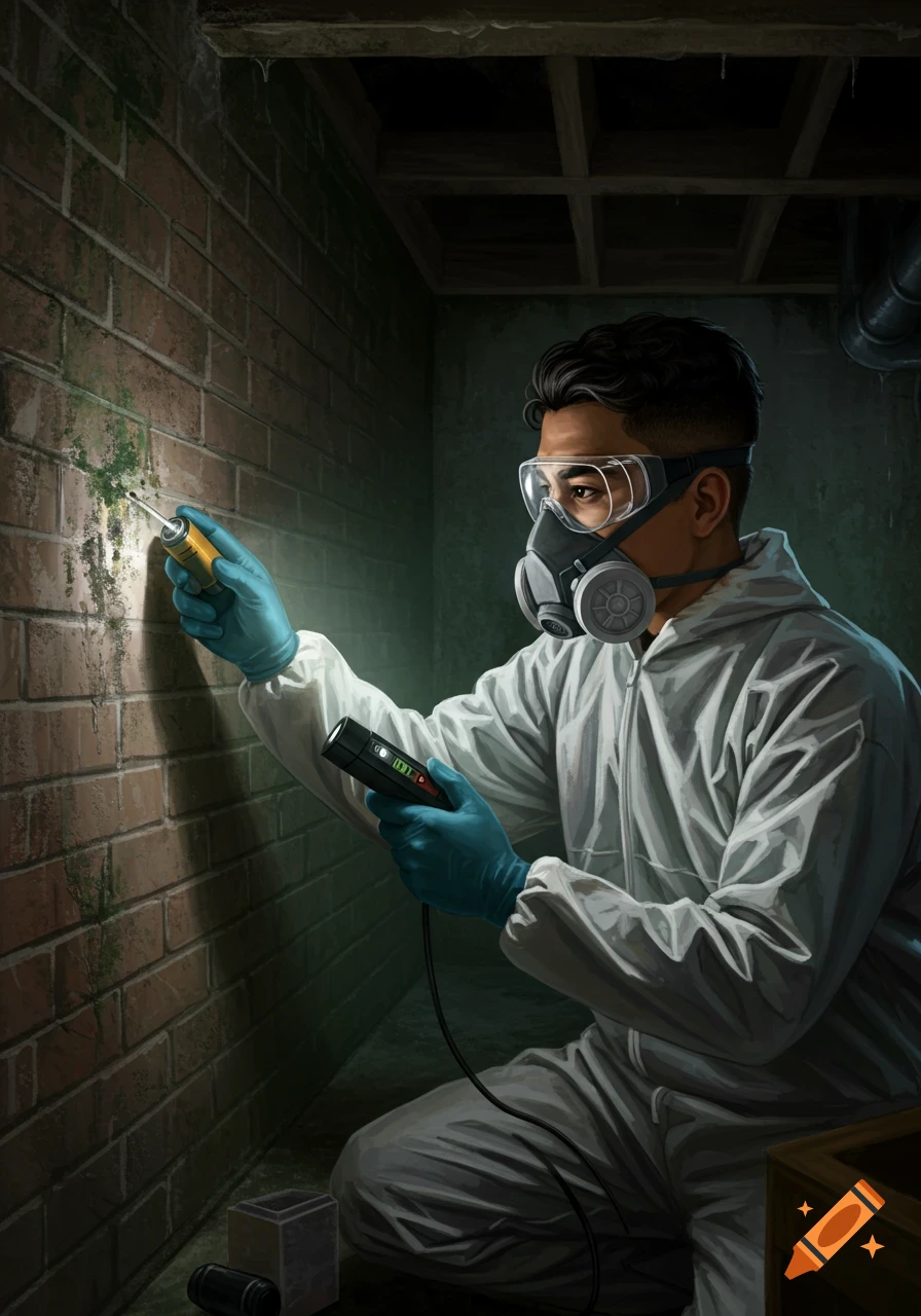 A person in a hazmat suit and respirator mask examines mold on a brick wall with a device in a dark basement.