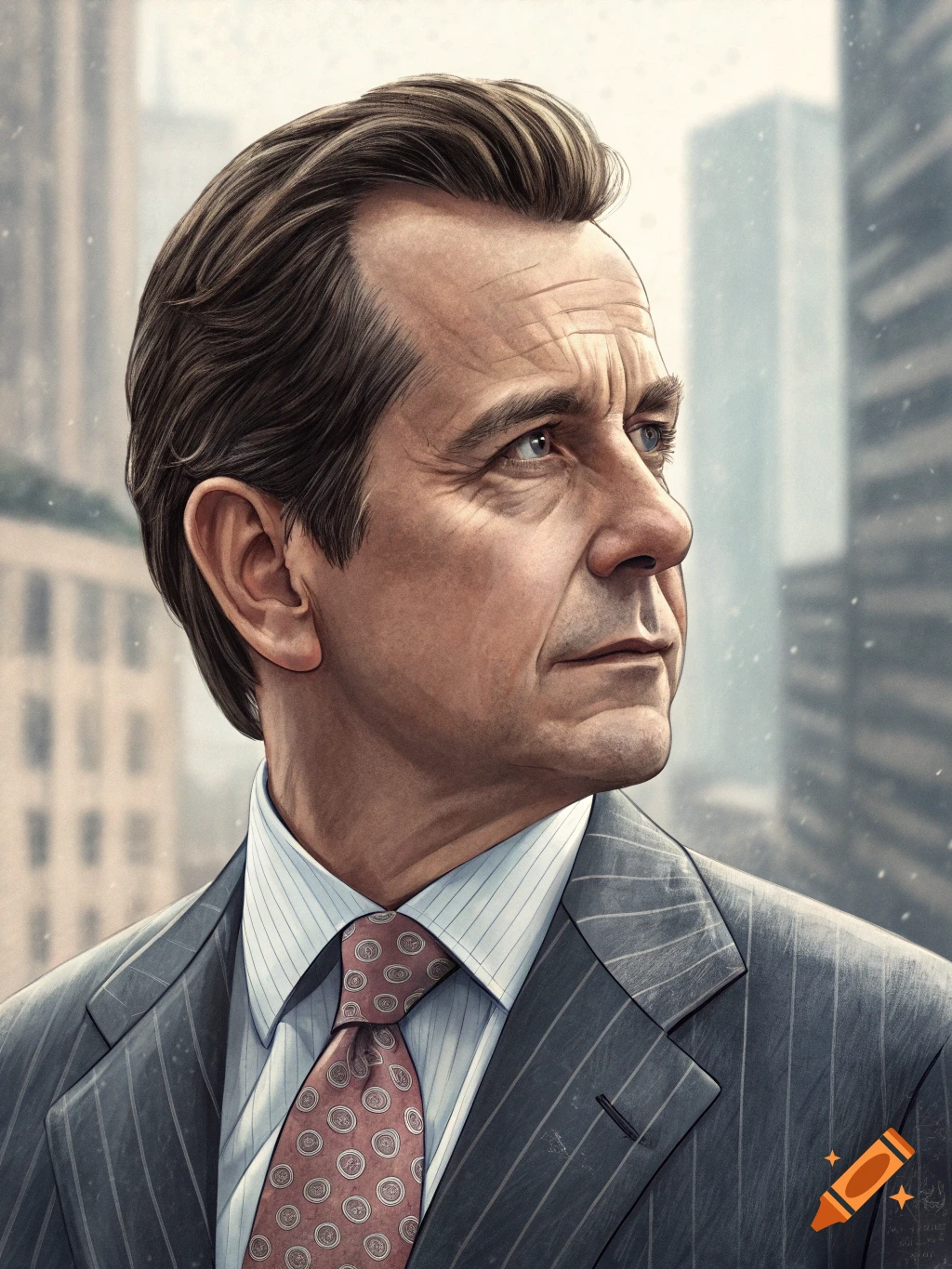 Portrait illustration of a man in a pinstripe suit looking right, with a city background.