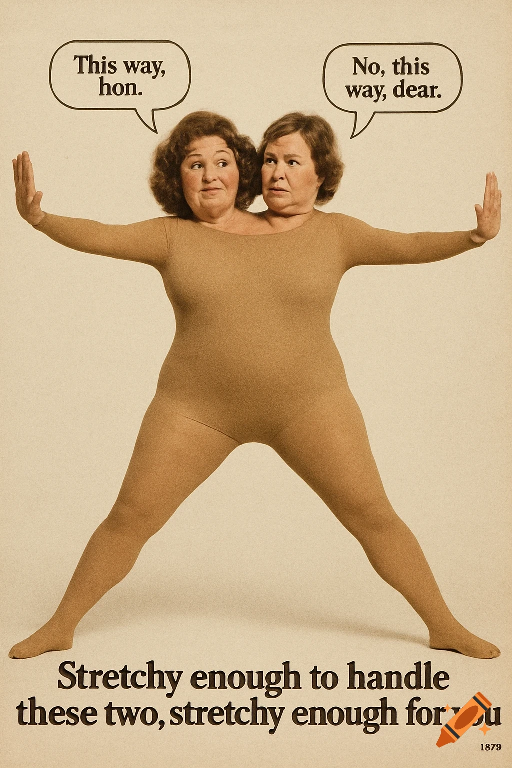 Retro ad with two women sharing a bodysuit, arms outstretched, with speech bubbles and text.