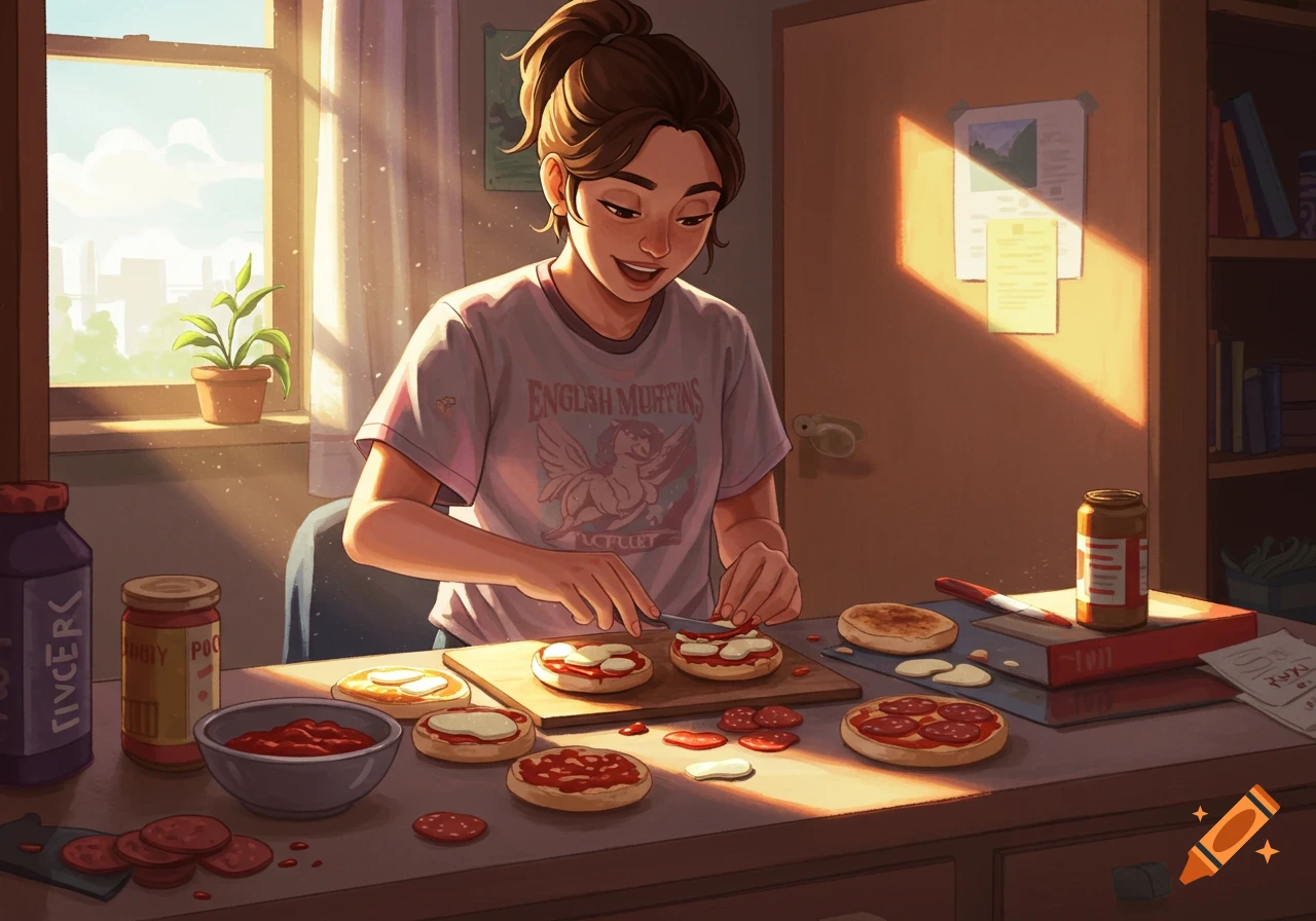 Anime style illustration of a student making english muffin pizzas in a sunlit room.