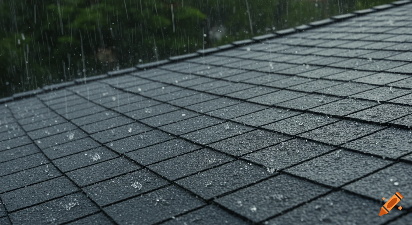 Close-up view of rain falling on a dark shingle roof.