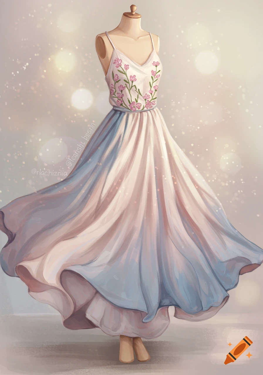 Illustration of a light pink and blue dress with floral embroidery on a mannequin.