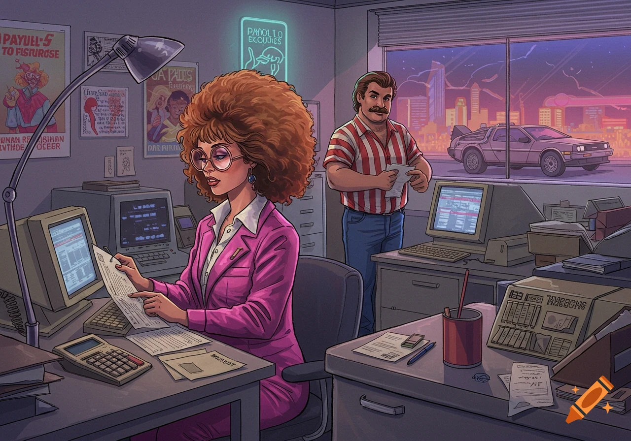 Illustration of a retro 1980s office with people working, computers, and a DeLorean car visible through the window.