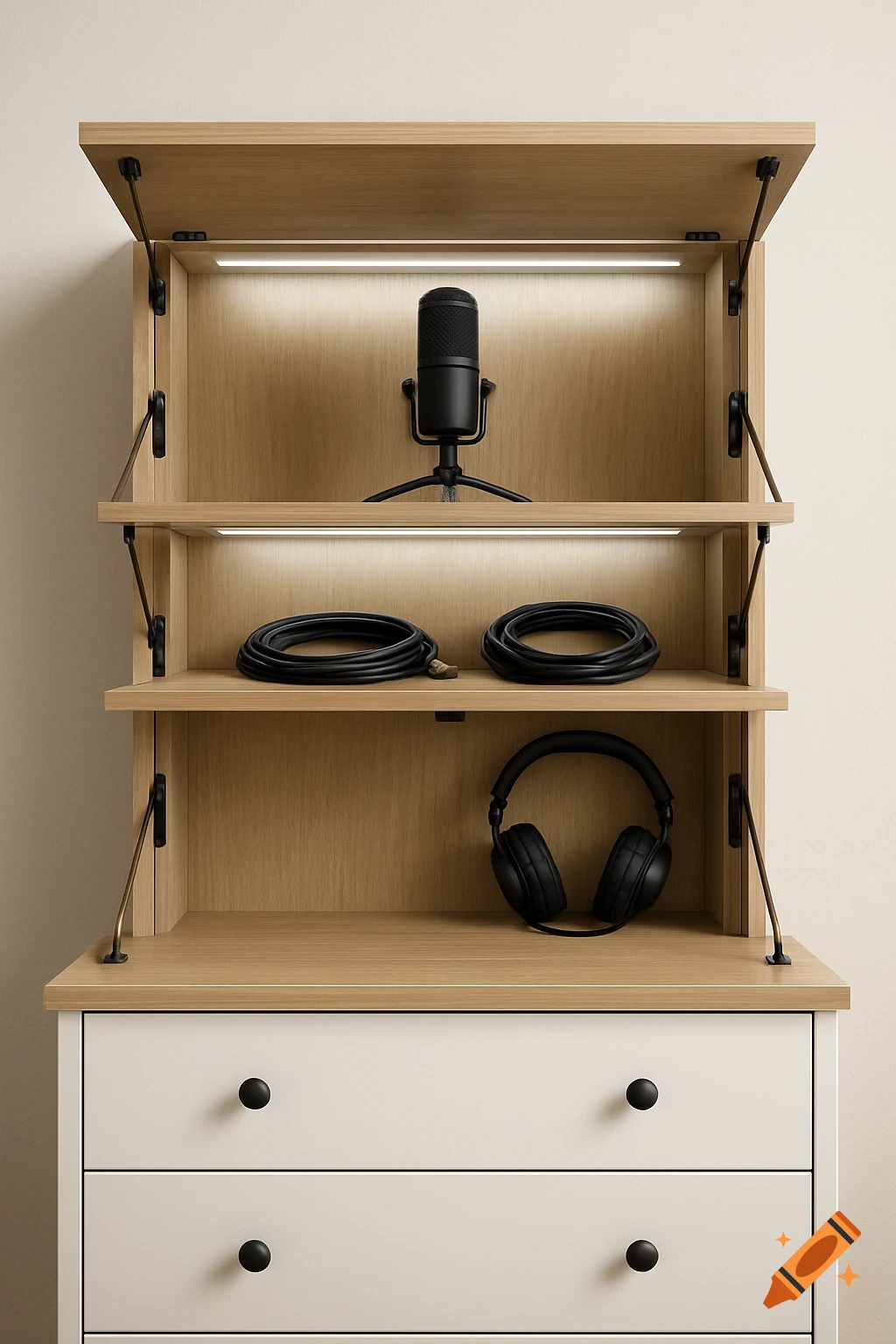 A wooden shelf unit with open doors mounted above white drawers. Inside the shelves are a black microphone, coiled cables, and headphones, illuminated by LED lights.