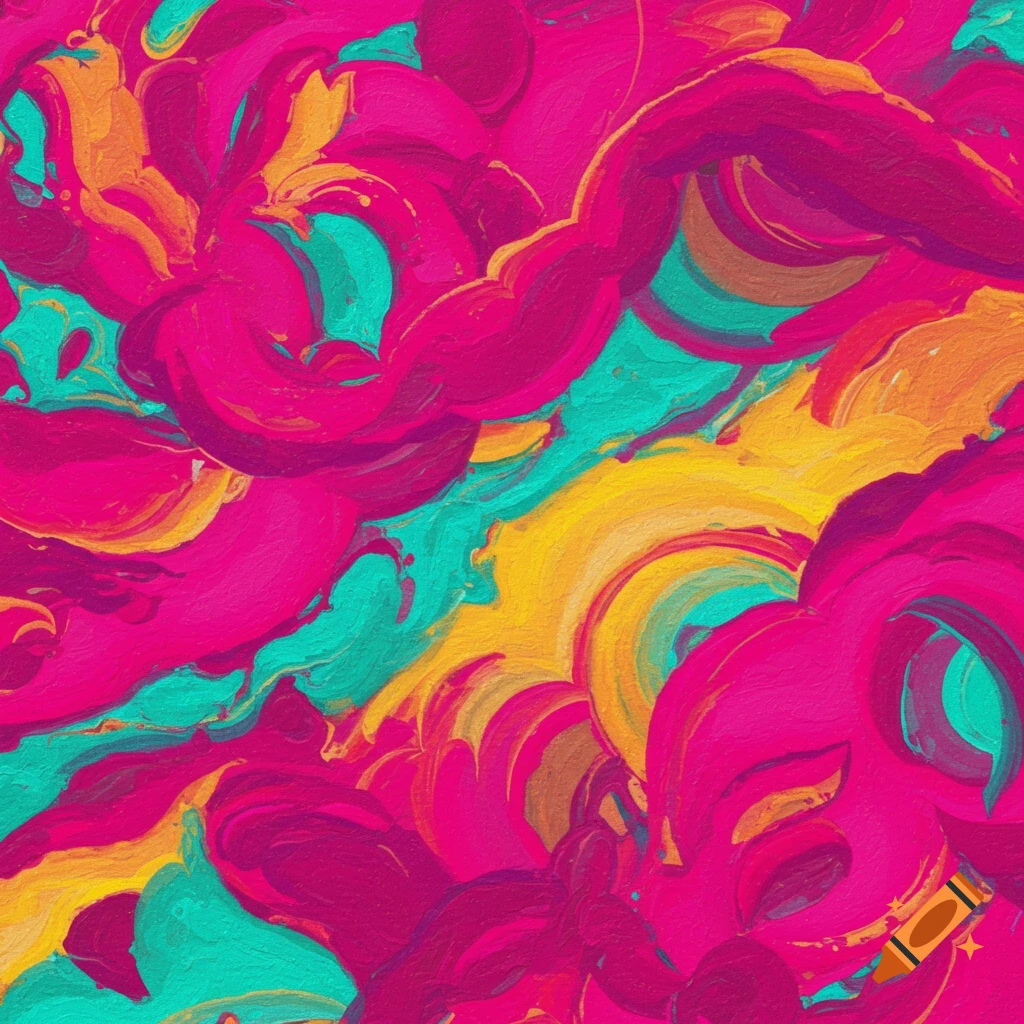 Abstract pattern of vibrant pink, yellow, and turquoise paint strokes.