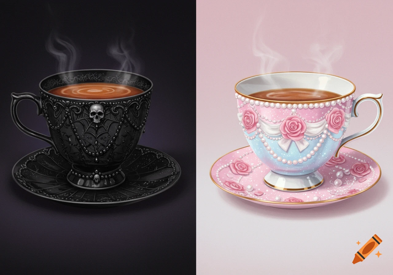 Two highly detailed teacups, one black goth style with skulls and spiders, the other pink and blue girlie style with roses and pearls.