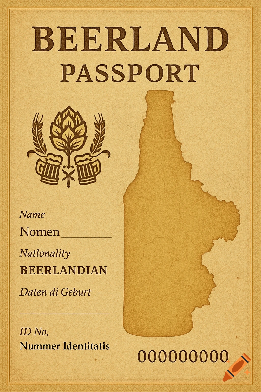A vintage-style fictional Beerland passport with an emblem, text fields, and a map shaped like a beer bottle.
