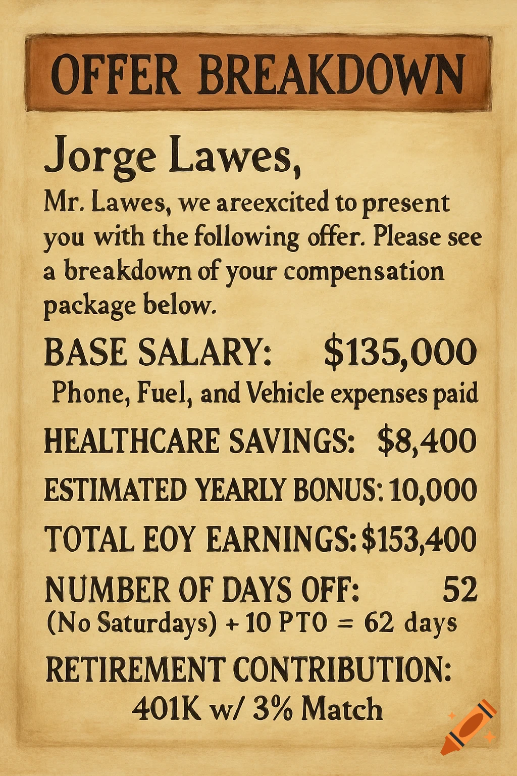 A document showing an employment offer breakdown with salary, bonuses, and days off.