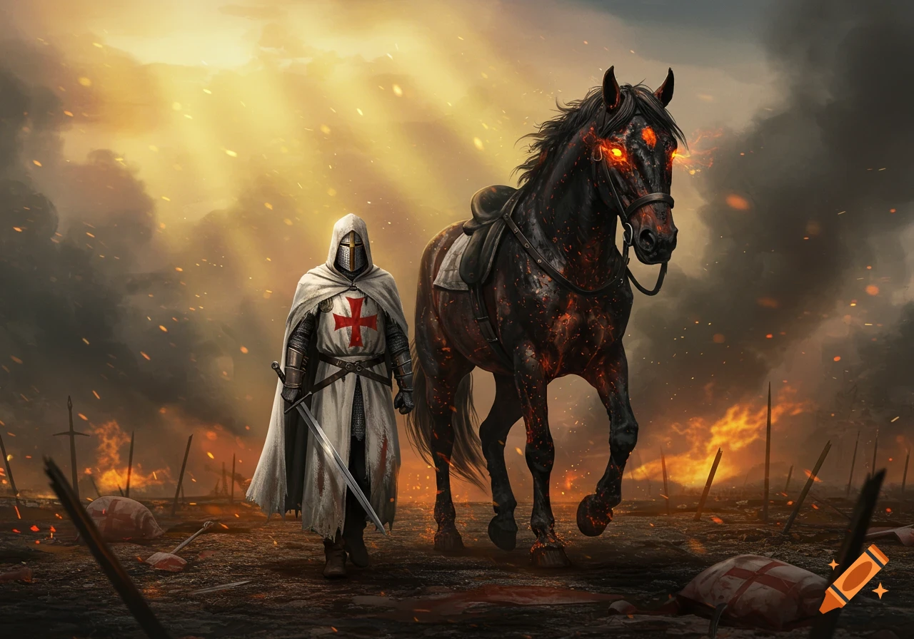 Templar knight and fiery horse on a smoky battlefield at dawn.
