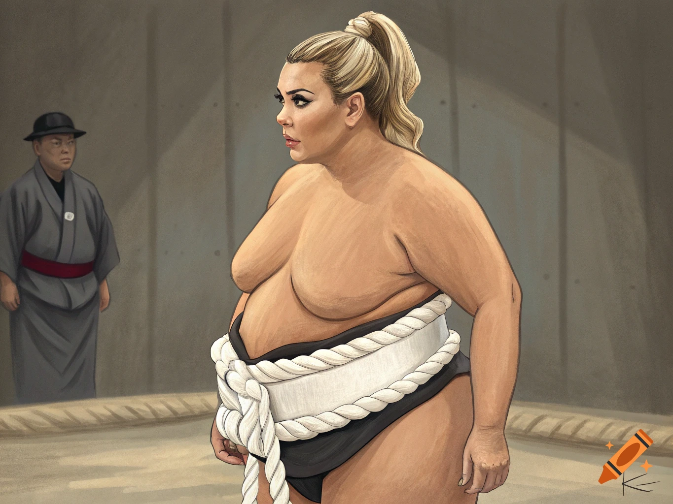 Kim Kardashian dressed as a sumo wrestler in a ring