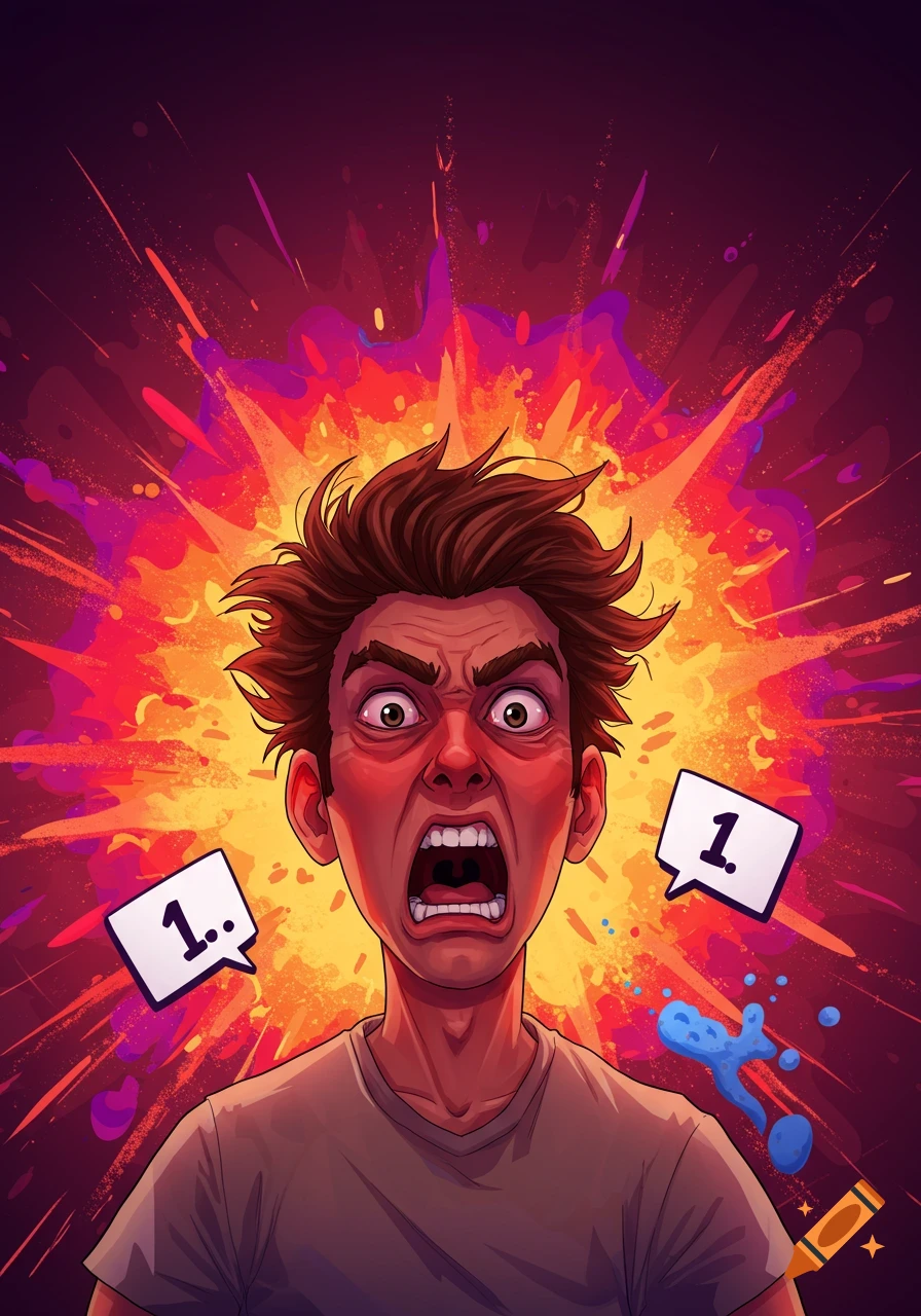 An illustration of a man with a furious expression shouting, set against a bright, explosive background with speech bubbles showing '1.'.