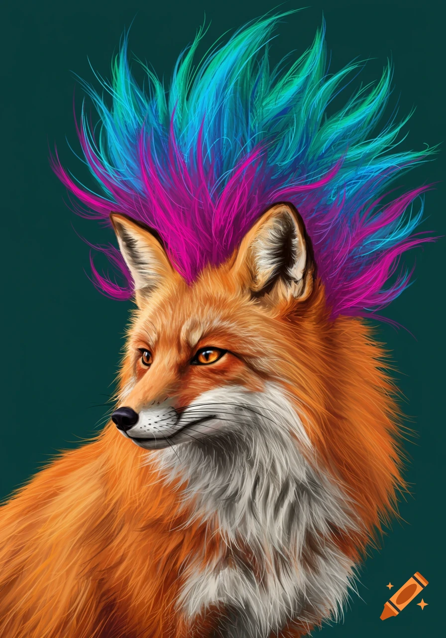 Digital illustration of a fox with bright pink and blue spiky hair