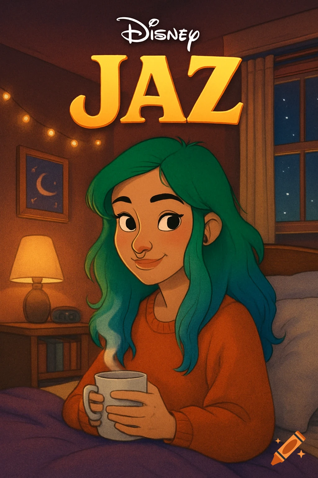 Disney-style illustration of a character holding a mug in a cozy bedroom with title text "Disney JAZ".