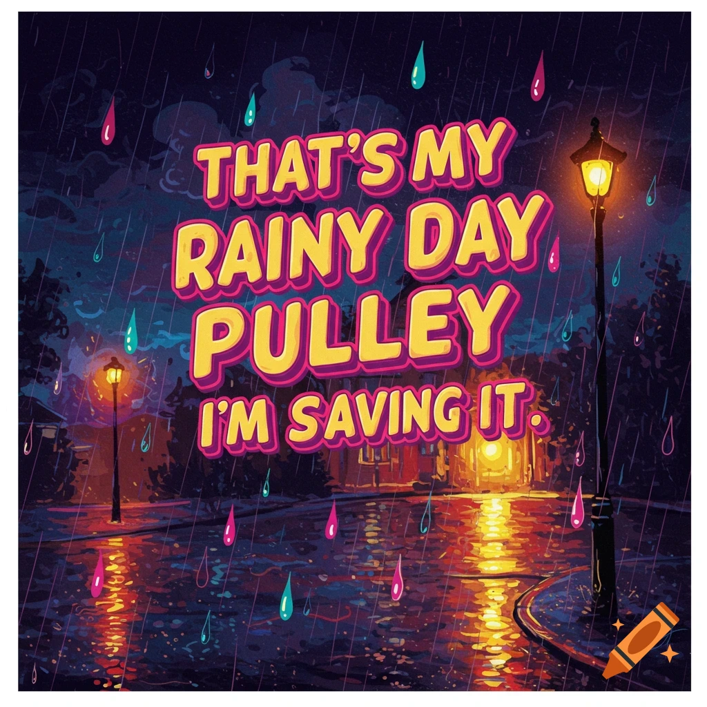 Colorful illustration of a rainy street at night with large text overlay.