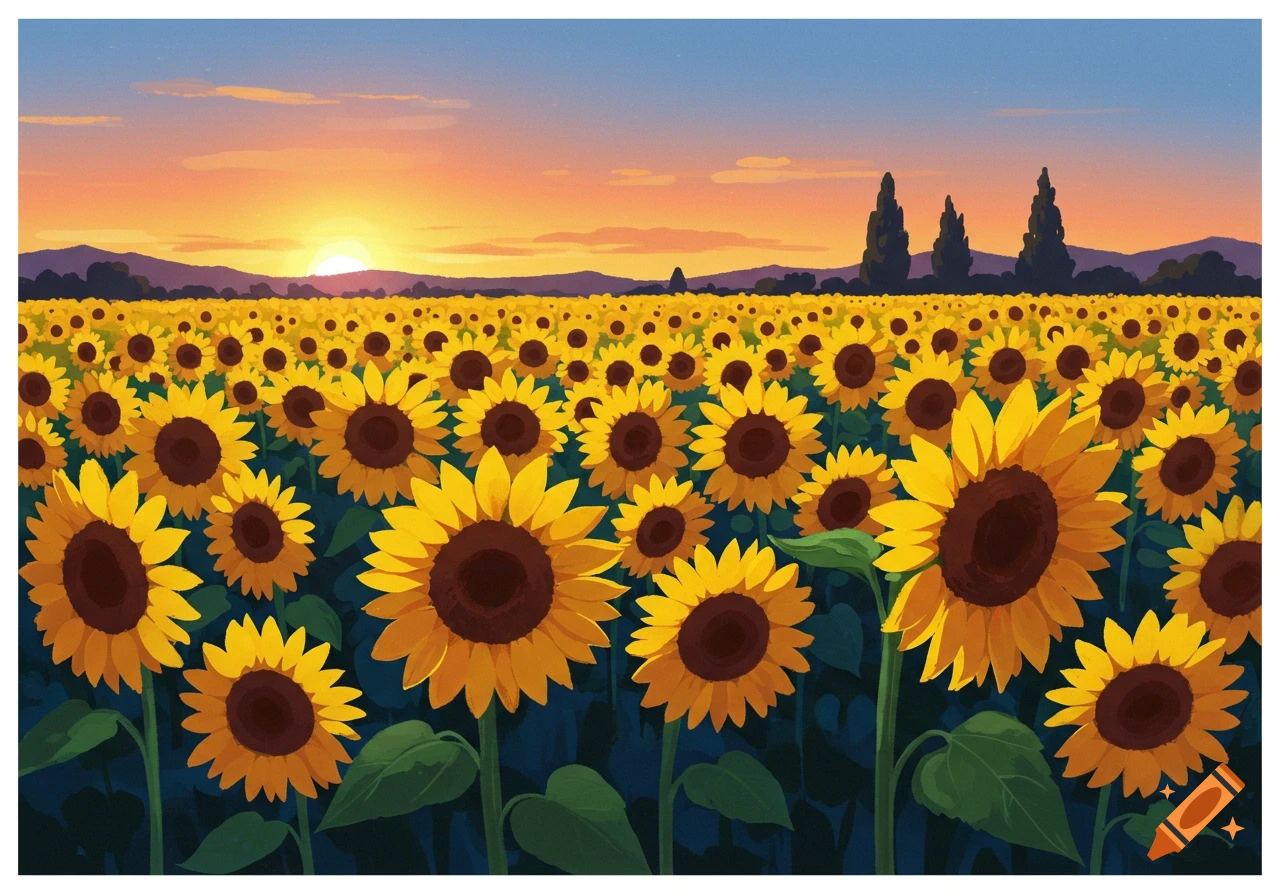 A field of sunflowers under a sunset sky with hills in the distance.