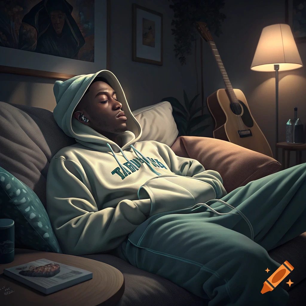 Young man resembling Tyler the Creator asleep on a couch wearing a hoodie, earbuds, with a guitar in the background. Photorealistic style.