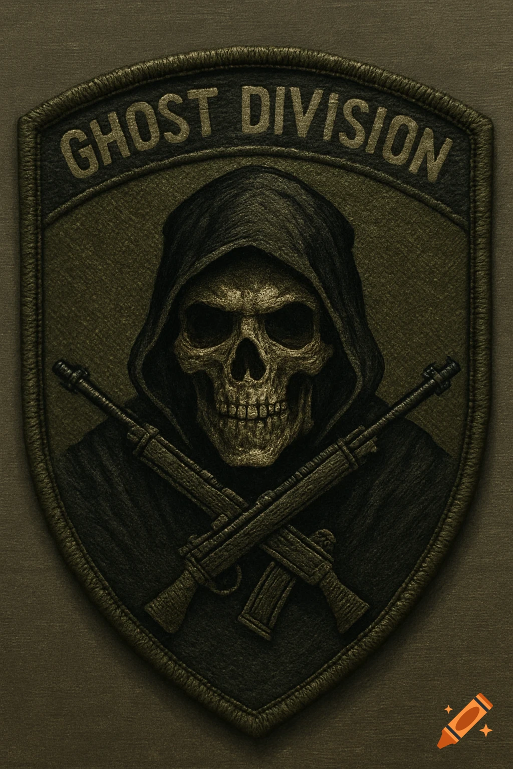 Embroidered military patch with skull in hood, crossed rifles, and 'GHOST DIVISION' text.