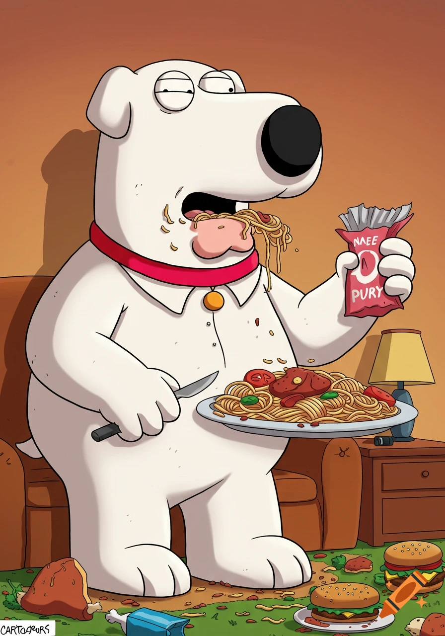 Brian Griffin from Family Guy eating a large plate of spaghetti messily, with food spilled around him.