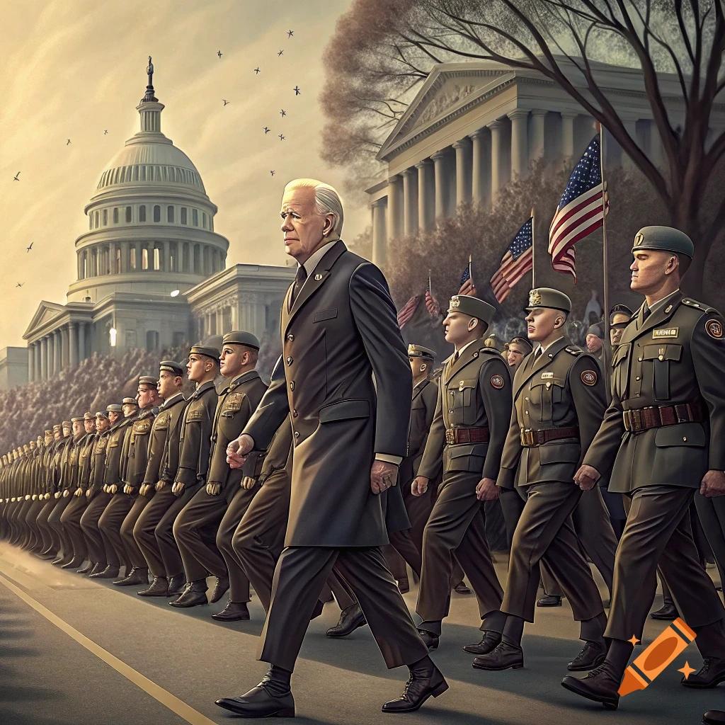 Joe Biden leads a military parade marching towards the US Capitol building.