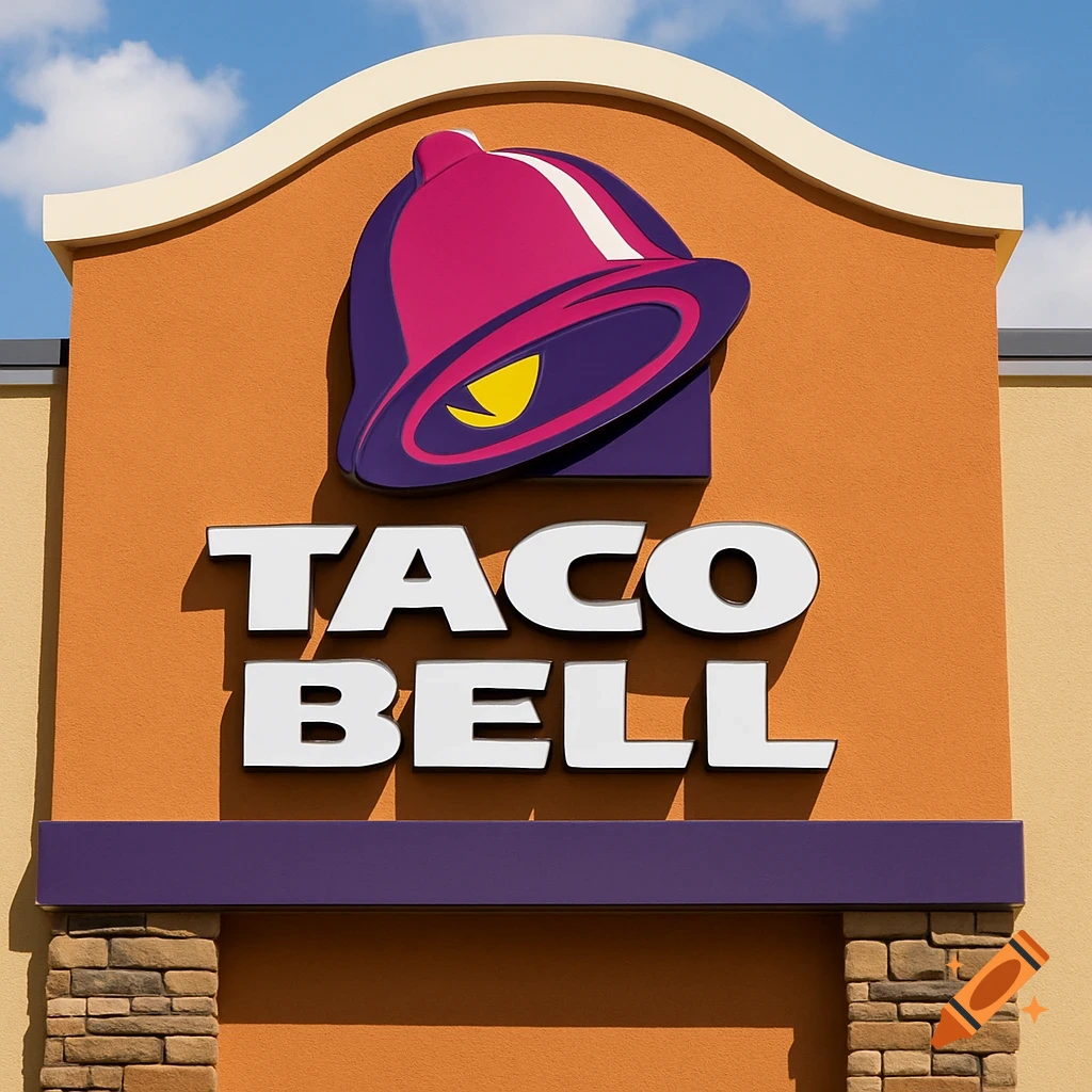 The Taco Bell sign and logo on a building facade