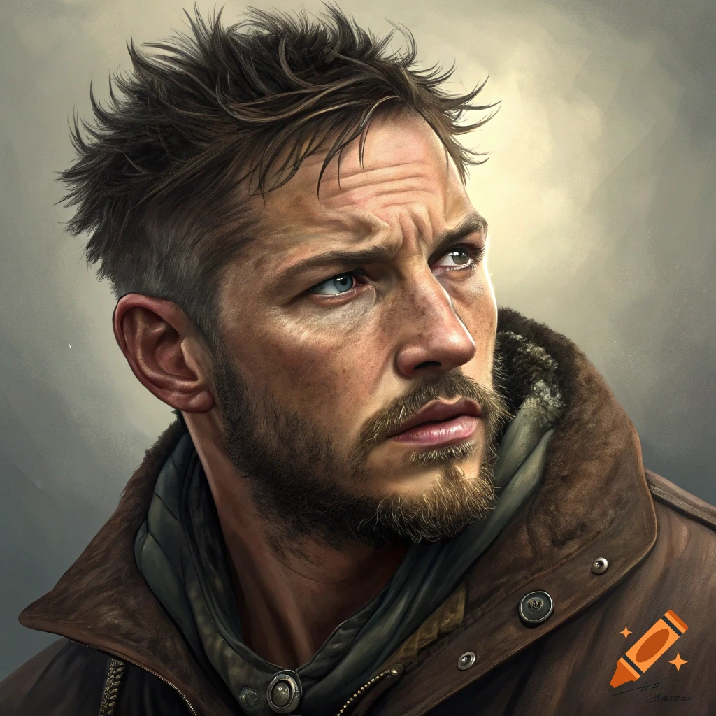 Close-up digital painting of a man with a beard and rugged hair, wearing a brown jacket.
