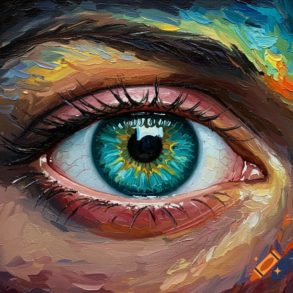 Close-up oil painting of a vibrant blue eye.