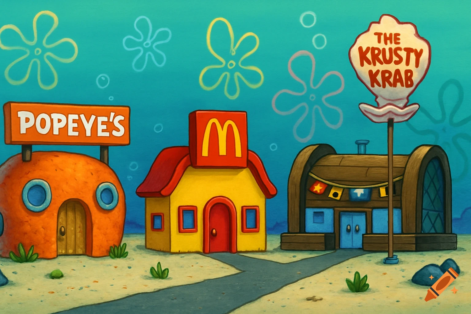 Three cartoon buildings resembling restaurants, including Popeyes, McDonald's, and The Krusty Krab, in a style similar to Spongebob Squarepants.