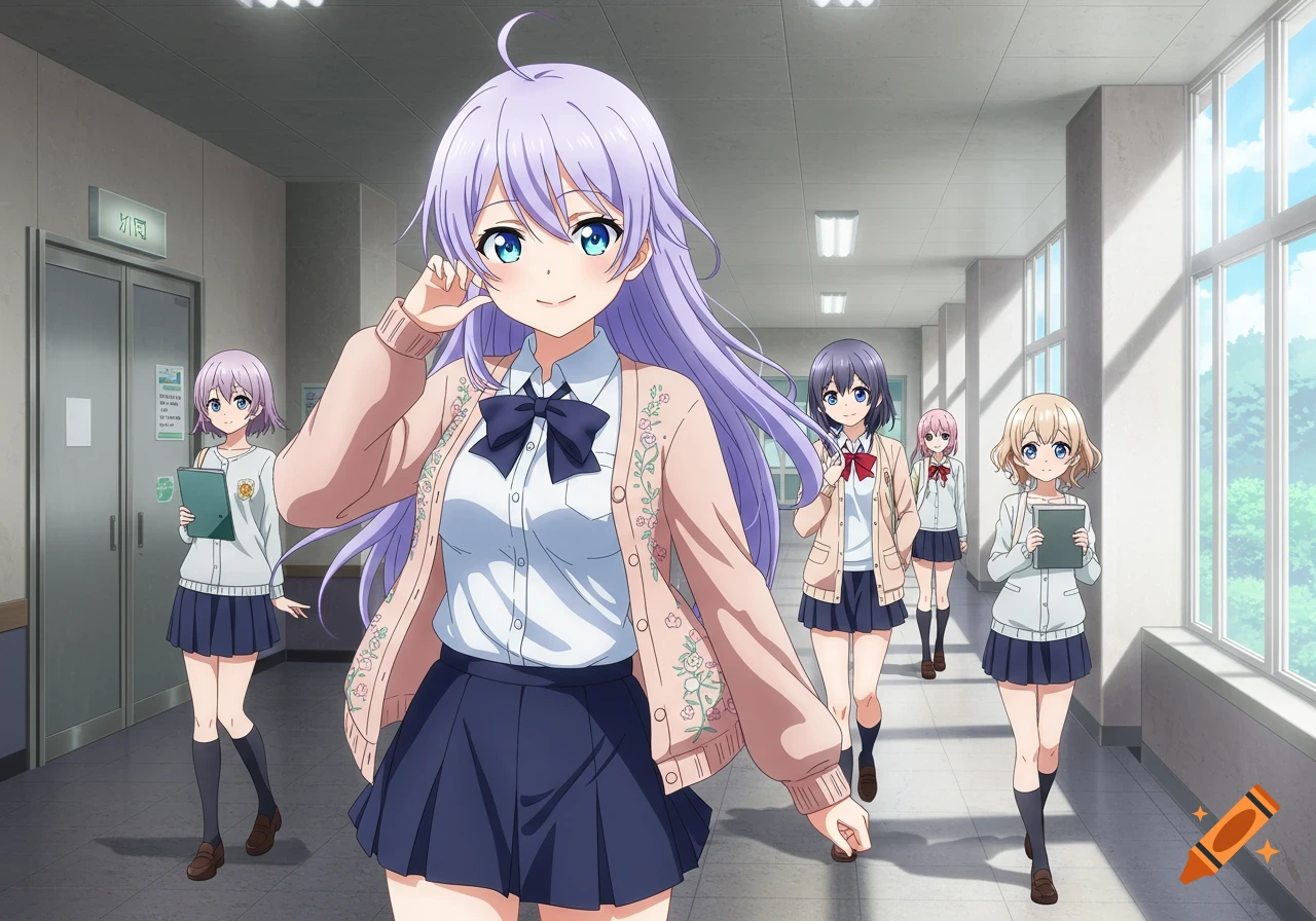Anime schoolgirls walking in a bright hallway. One girl in the foreground smiles at the camera.