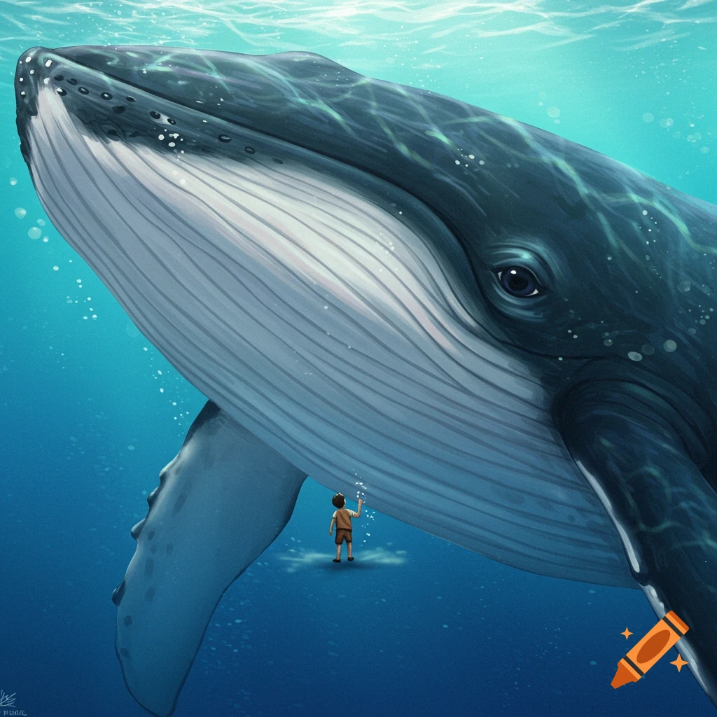 Illustration of a tiny person interacting with a huge whale underwater.