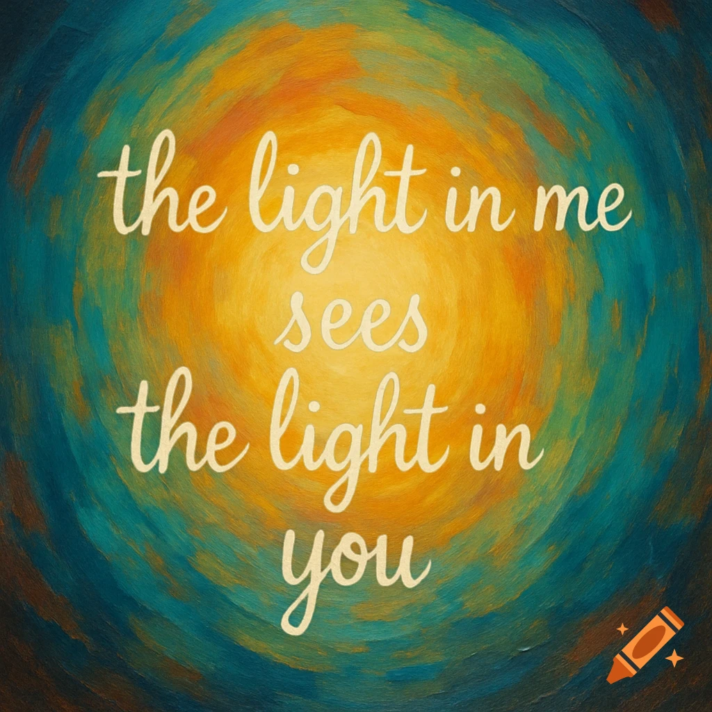 Abstract background with a spiral of yellow, orange, and blue brushstrokes and the text 'the light in me sees the light in you' in white cursive.