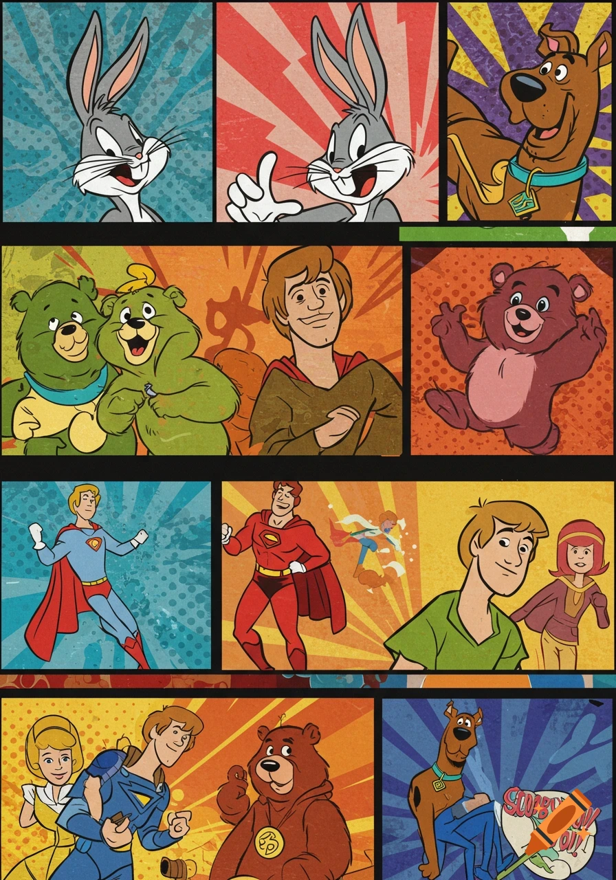 Pop art collage of cartoon characters: Bugs Bunny, Scooby-Doo, bears, and superheroes.