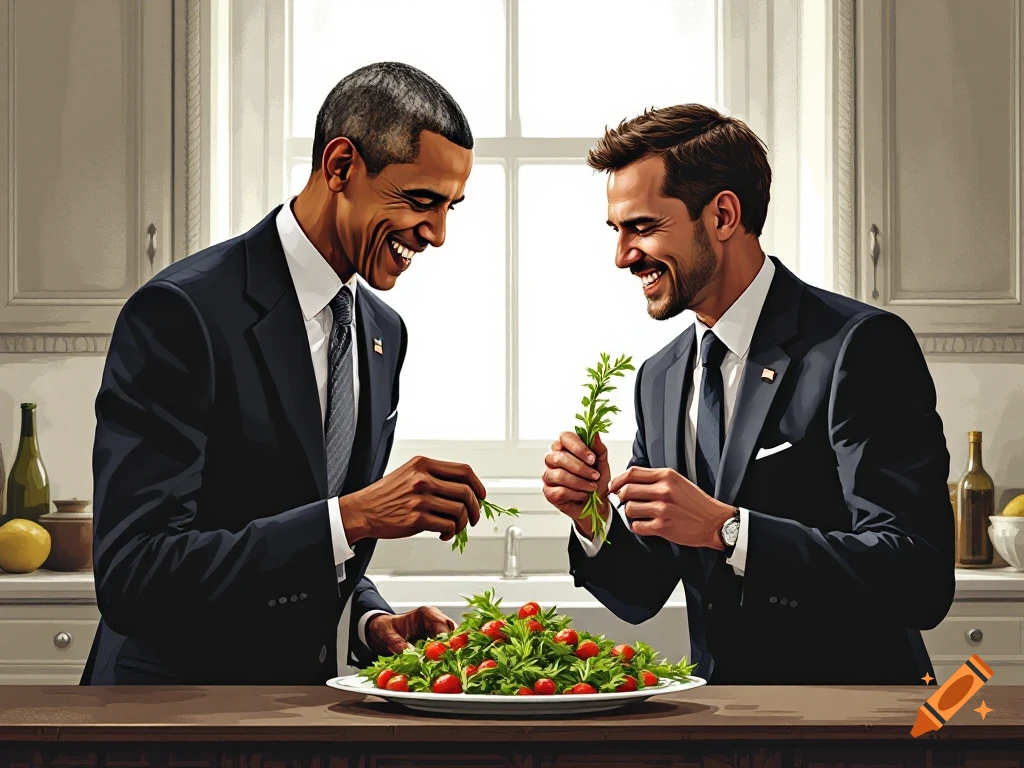 Two men in suits resembling Obama and another preparing a salad in a kitchen, digital illustration.