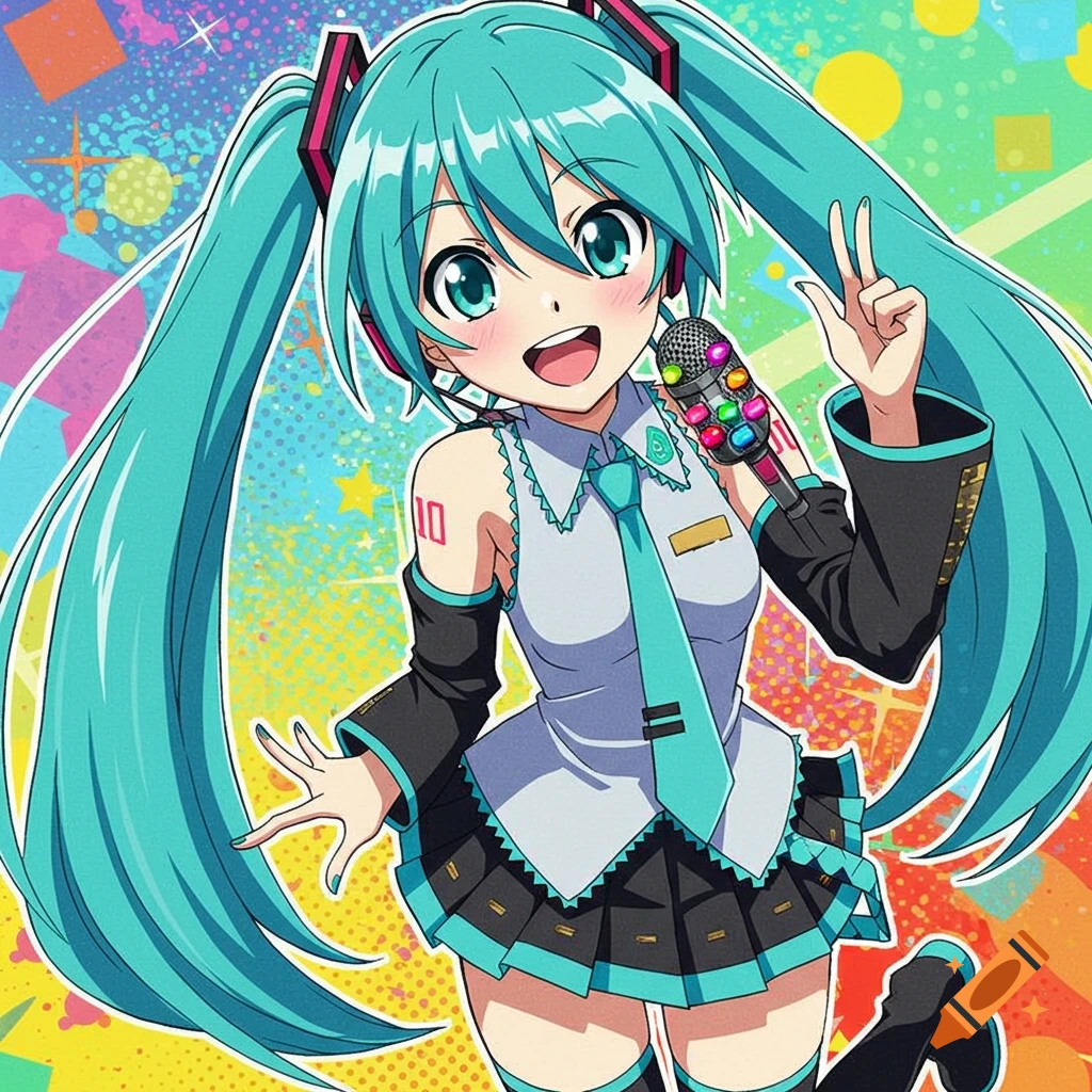 Anime illustration of Hatsune Miku singing into a microphone, making a peace sign against a colorful background.