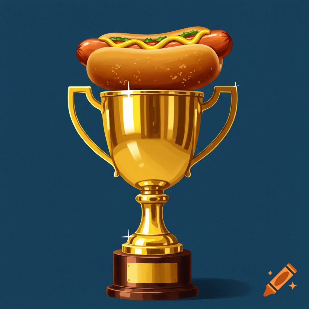 An illustration of a gold trophy with a hot dog on top.