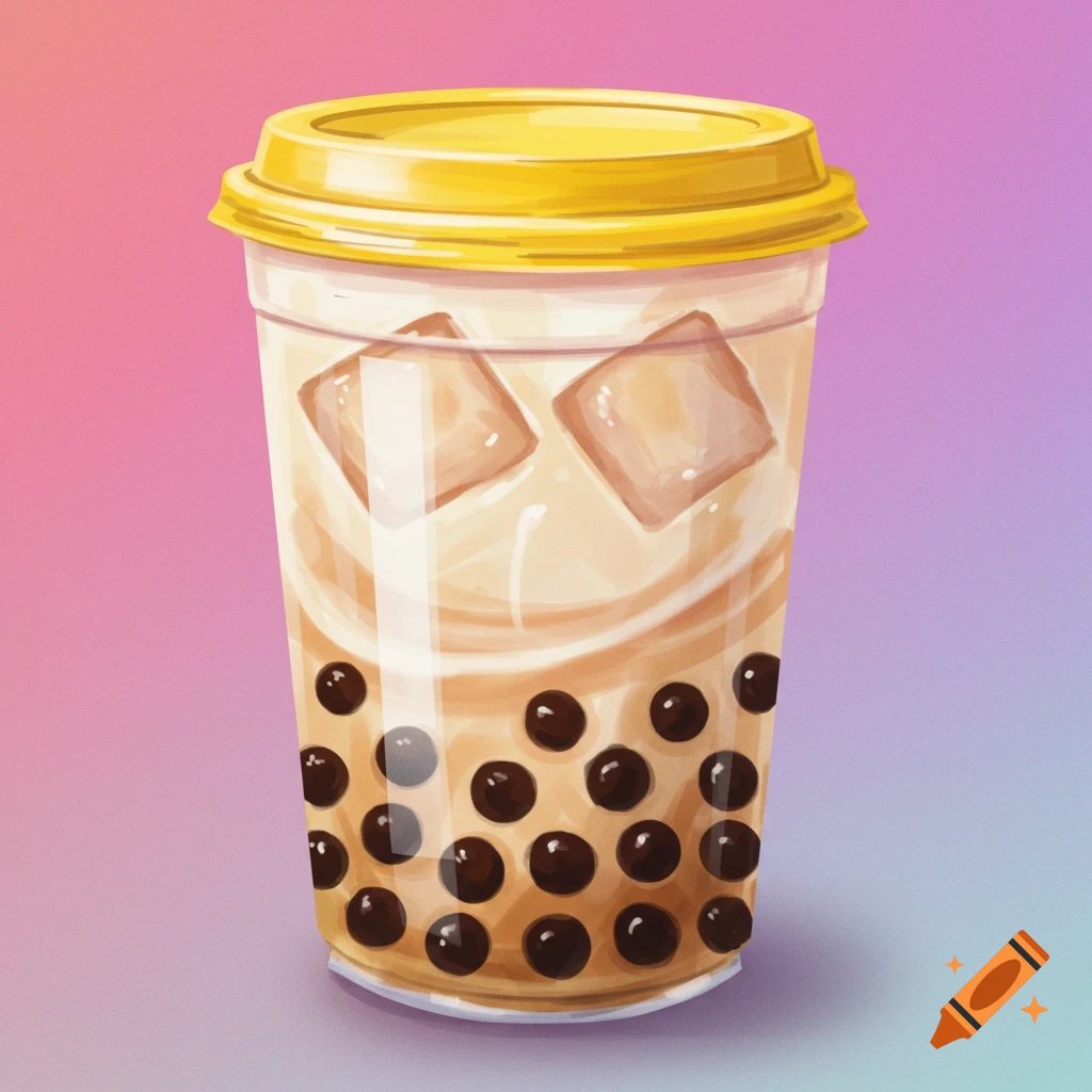 Digital illustration of a boba tea drink with ice and tapioca pearls