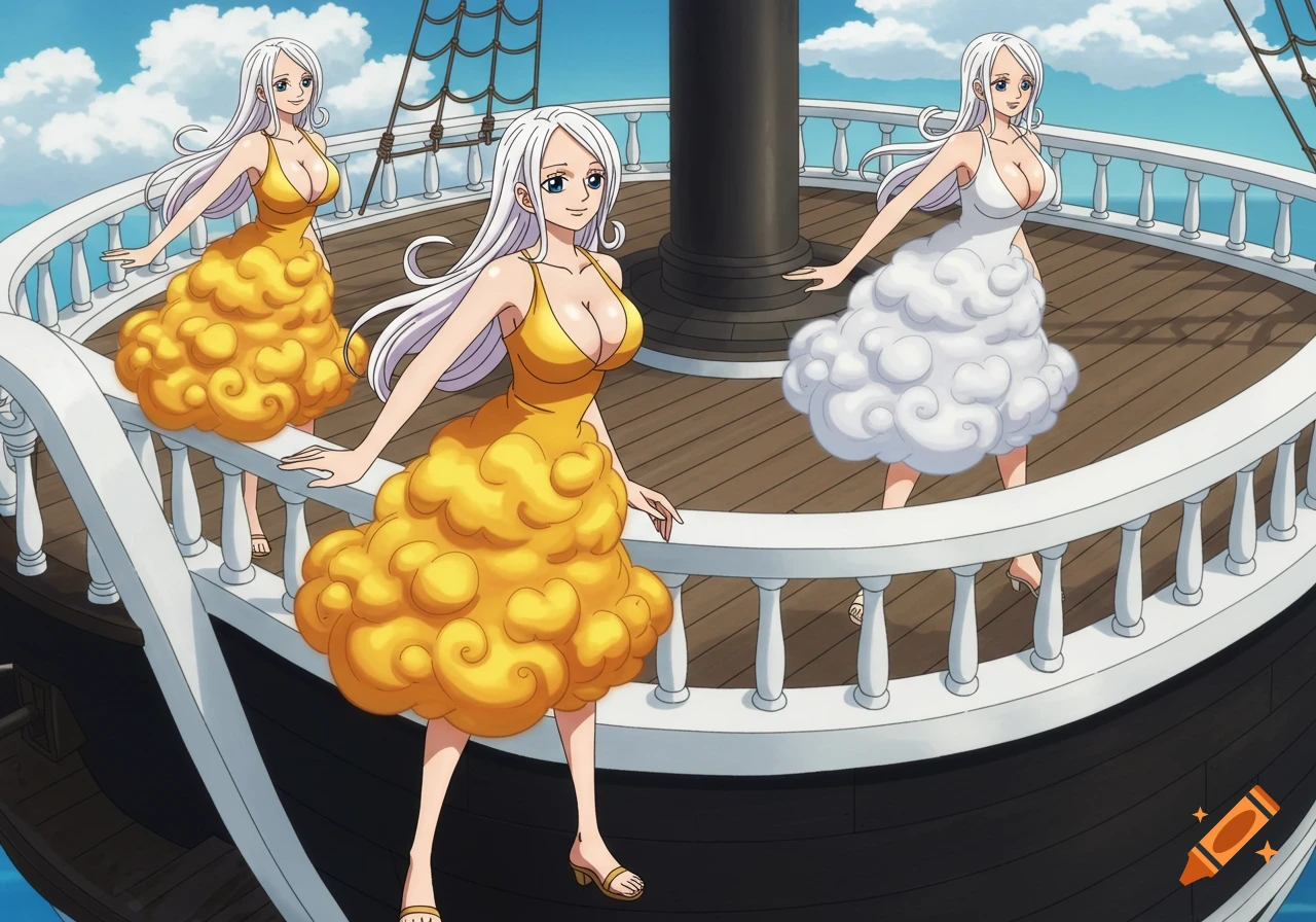 Three anime women with long white hair in golden and white cloud dresses stand on a ship deck.