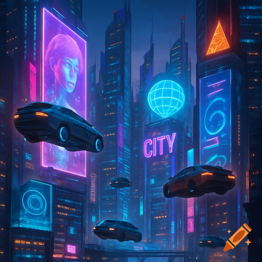 Flying cars navigate a neon-lit futuristic city with holographic billboards.