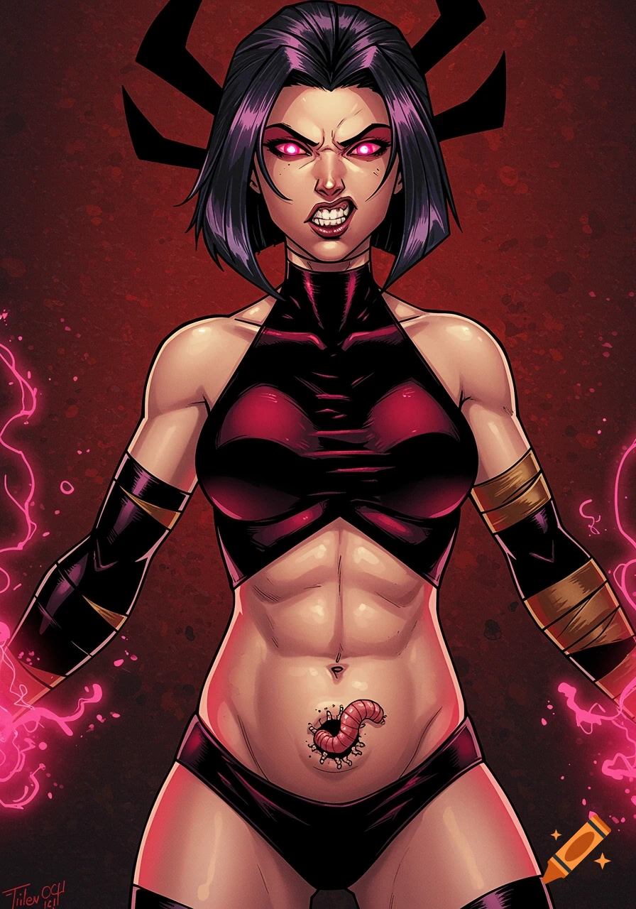Comic illustration of Magik from X-Men with a worm in her belly button, glowing pink eyes and powers.