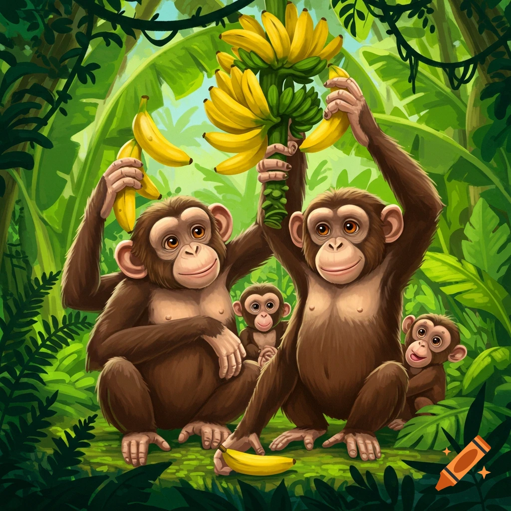 Cartoon chimpanzee family holding bananas in a jungle