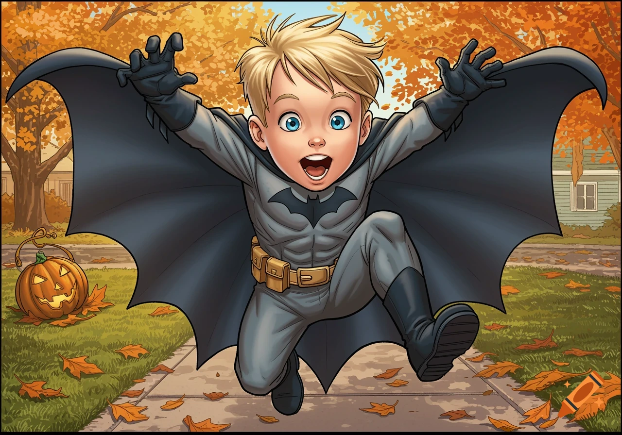 A boy in a Batman costume jumps excitedly on a sidewalk scattered with autumn leaves, next to a carved pumpkin.
