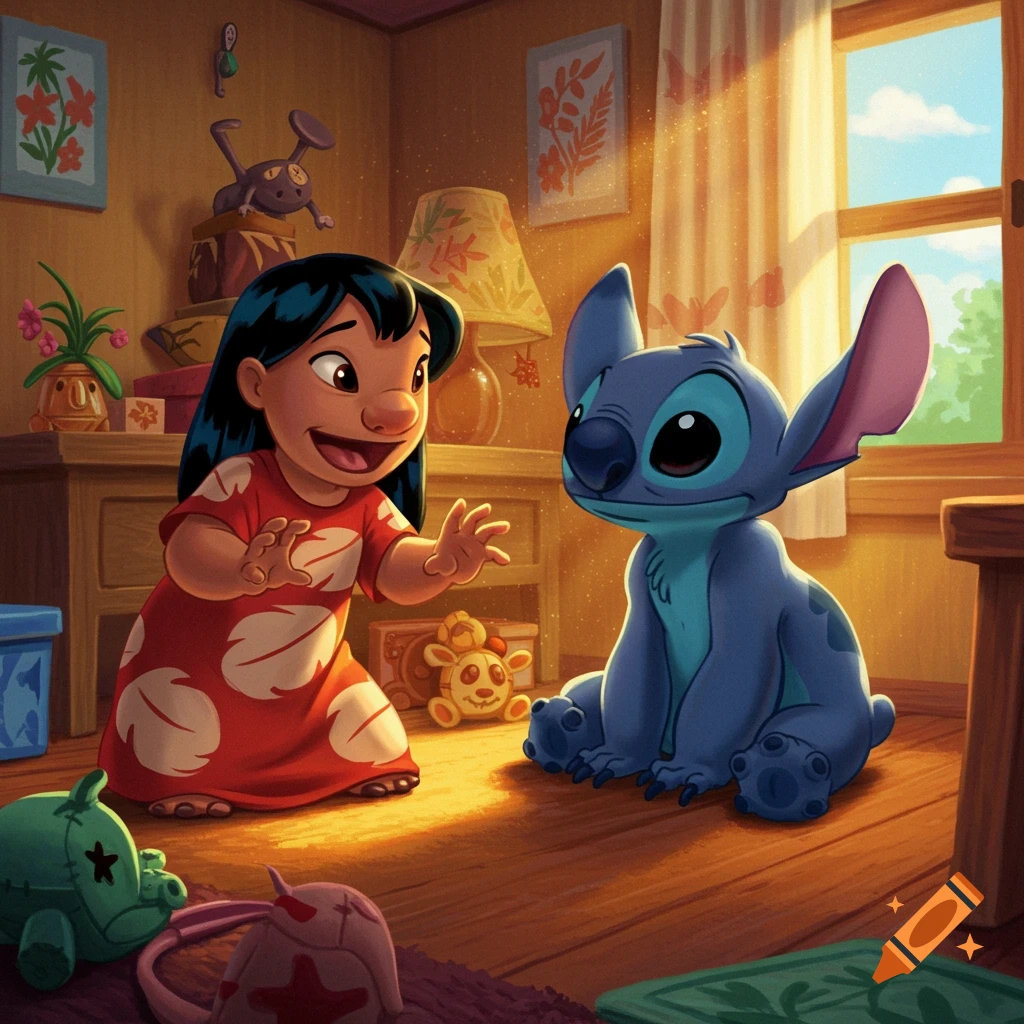 Lilo reaches out to Stitch in a sunny room.