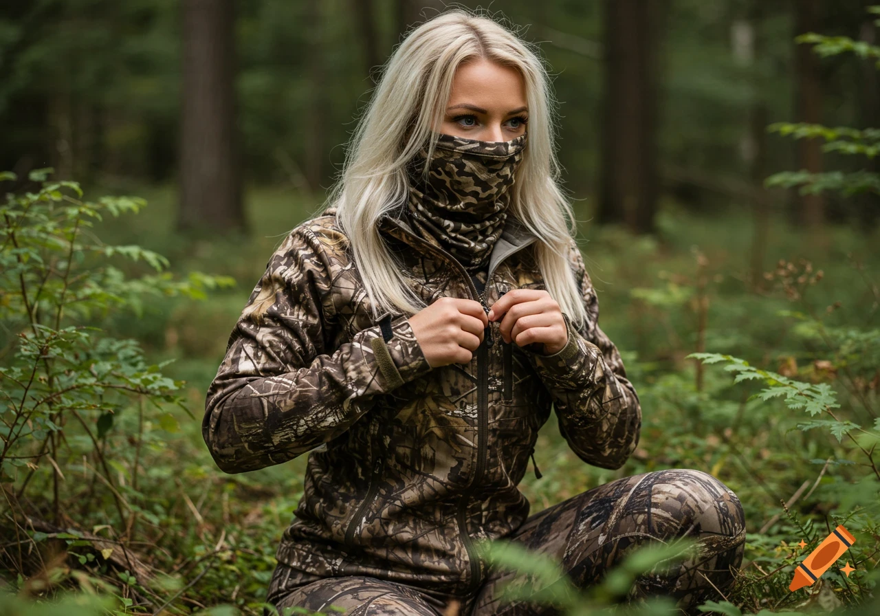 A woman in camouflage clothing crouches in a forest, adjusting her jacket.