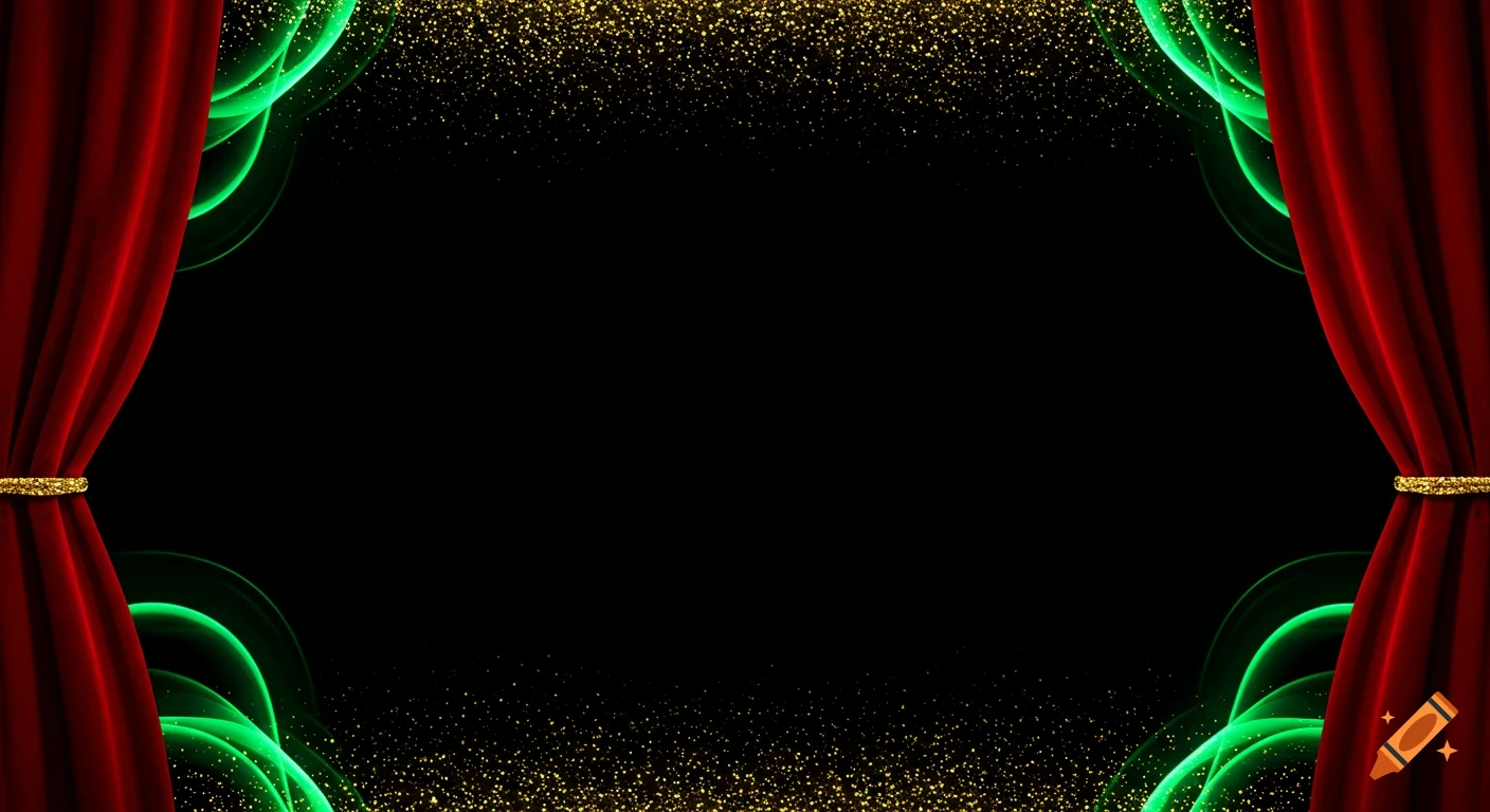 Red stage curtains on a black background with green glowing abstract shapes and gold glitter.